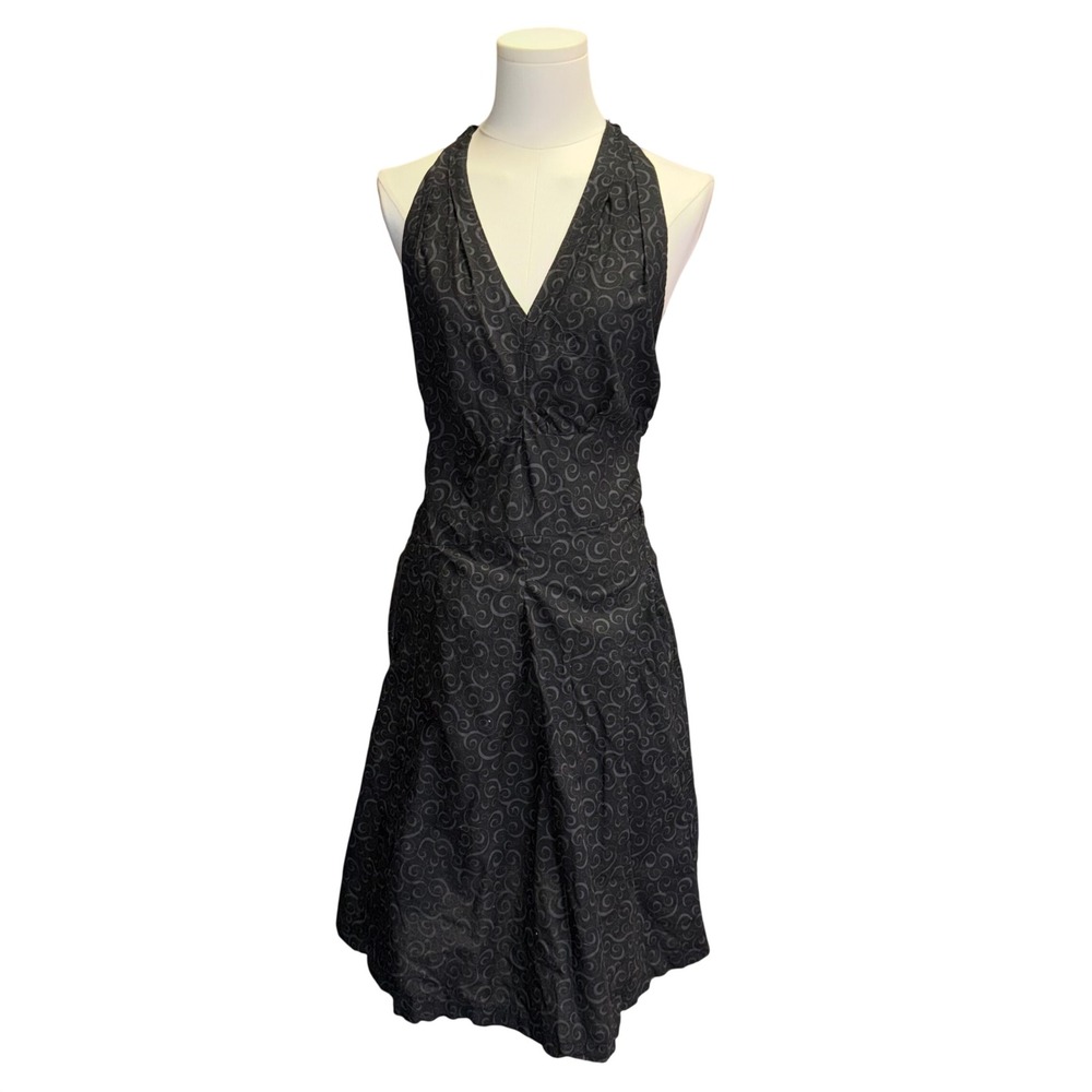 Black Grey Swirl Print Halter V-Neck Fit & Flare Knee Length Dress Womens